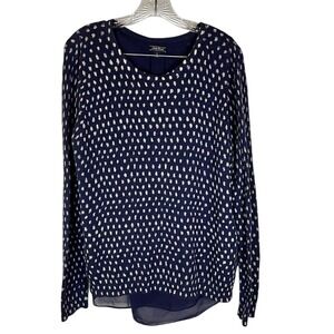 Lucky Brand Navy Blue‎ and Gold Printed Lined Split Back Knit Top Size Large